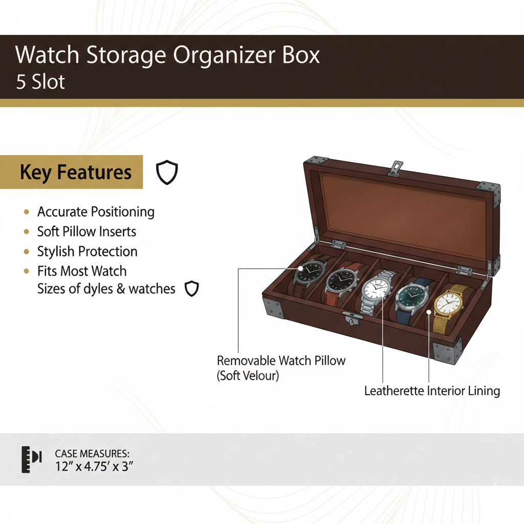 5-Slot Wood Watch Storage Organizer Box with Removable Pillows