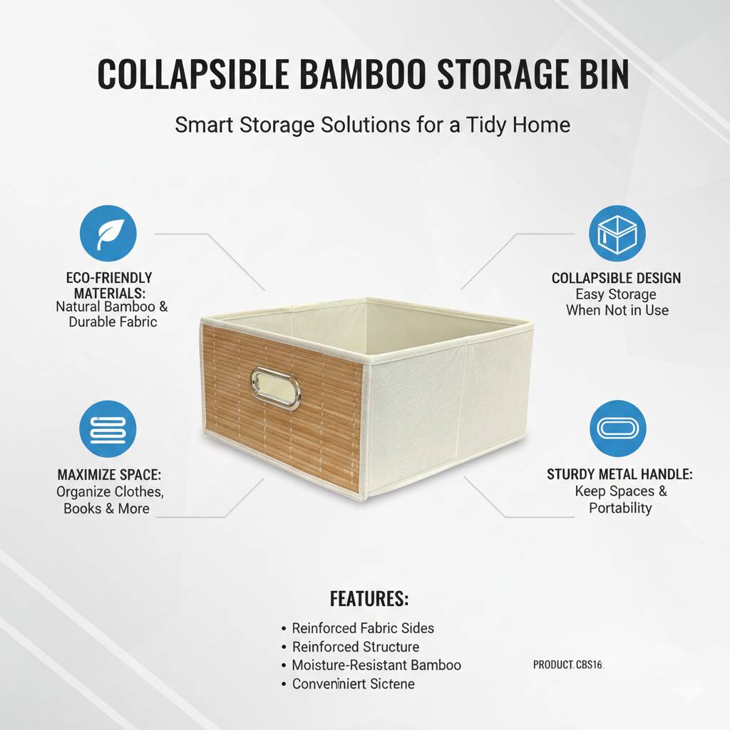 Foldable Storage Bin with Bamboo Front Panel and Handle