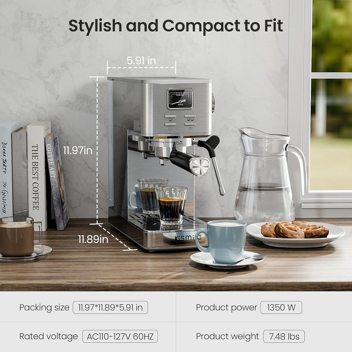 Kismile Espresso Coffee Maker Machine 20 Bar, with Milk Frother Steam Wand CM8032
