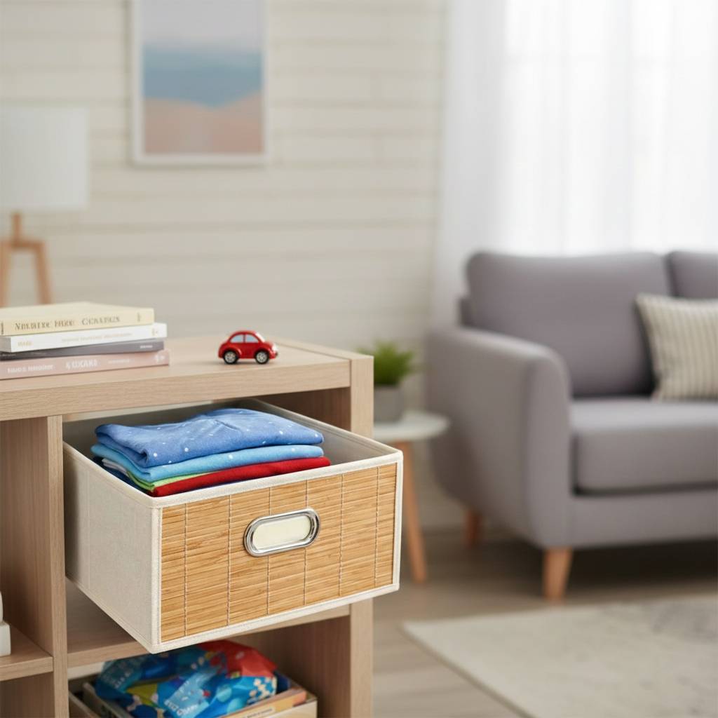 Foldable Storage Bin with Bamboo Front Panel and Handle