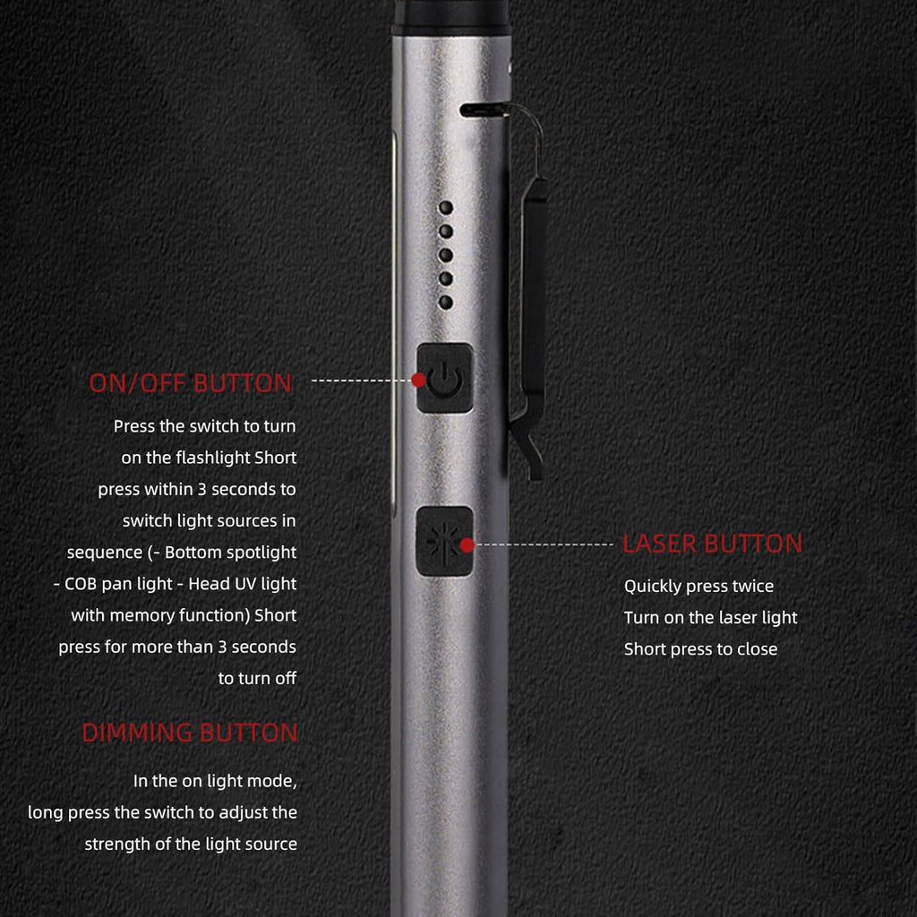 Multifunctional Rechargeable Pen Light with UV (365nm) & Laser – USB-C Charging, Compact Handheld Design