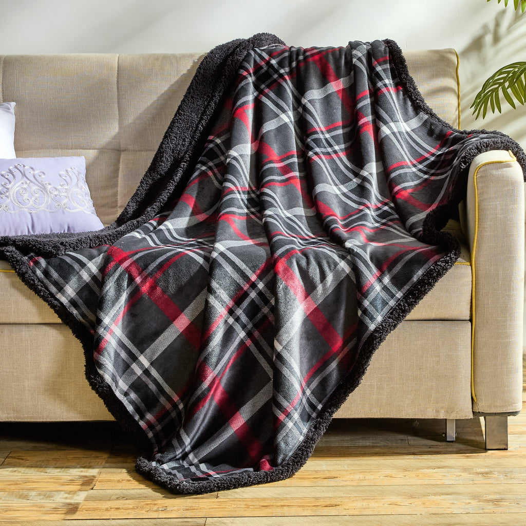 Midnight Plaid Sherpa Throw Blanket 50 x 60 Inches – Soft Fleece Front with Plush Sherpa Backing, Cozy Warm Decorative Throw for Sofa, Couch, Bed & Living Room