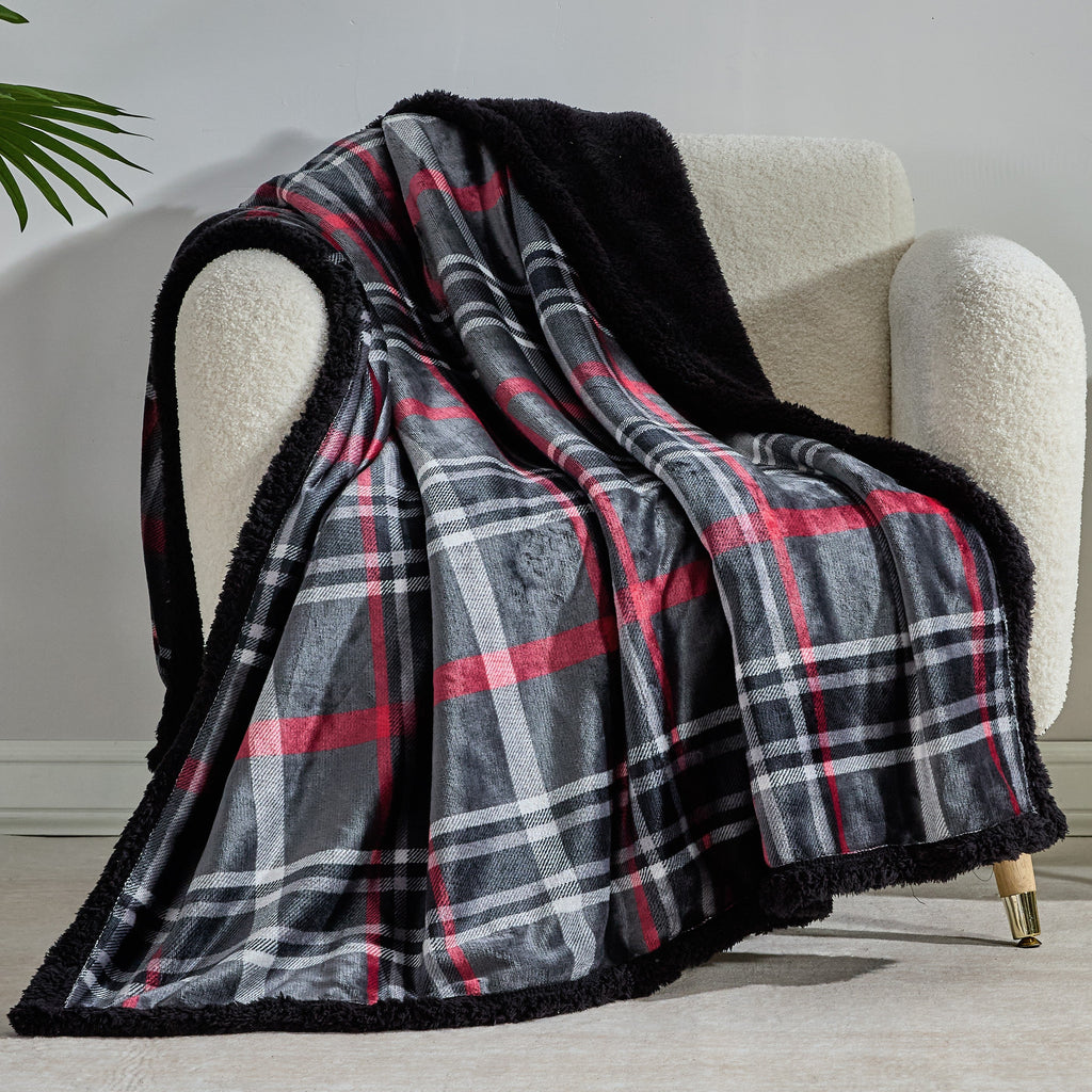 Midnight Plaid Sherpa Throw Blanket 50 x 60 Inches – Soft Fleece Front with Plush Sherpa Backing, Cozy Warm Decorative Throw for Sofa, Couch, Bed & Living Room