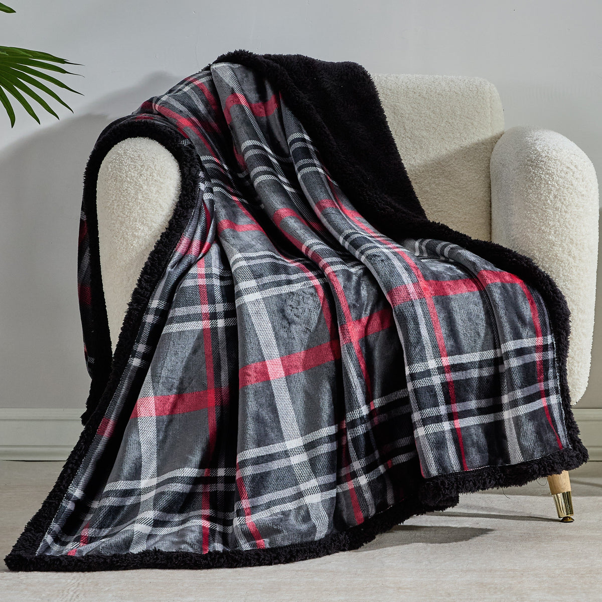 Midnight Plaid Sherpa Throw Blanket 50 x 60 Inches – Soft Fleece Front with Plush Sherpa Backing, Cozy Warm Decorative Throw for Sofa, Couch, Bed & Living Room