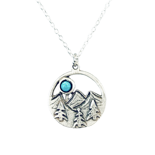Turquoise Mountain Necklace Round Nature Inspired Boho Western Jewelry Silver Bronze