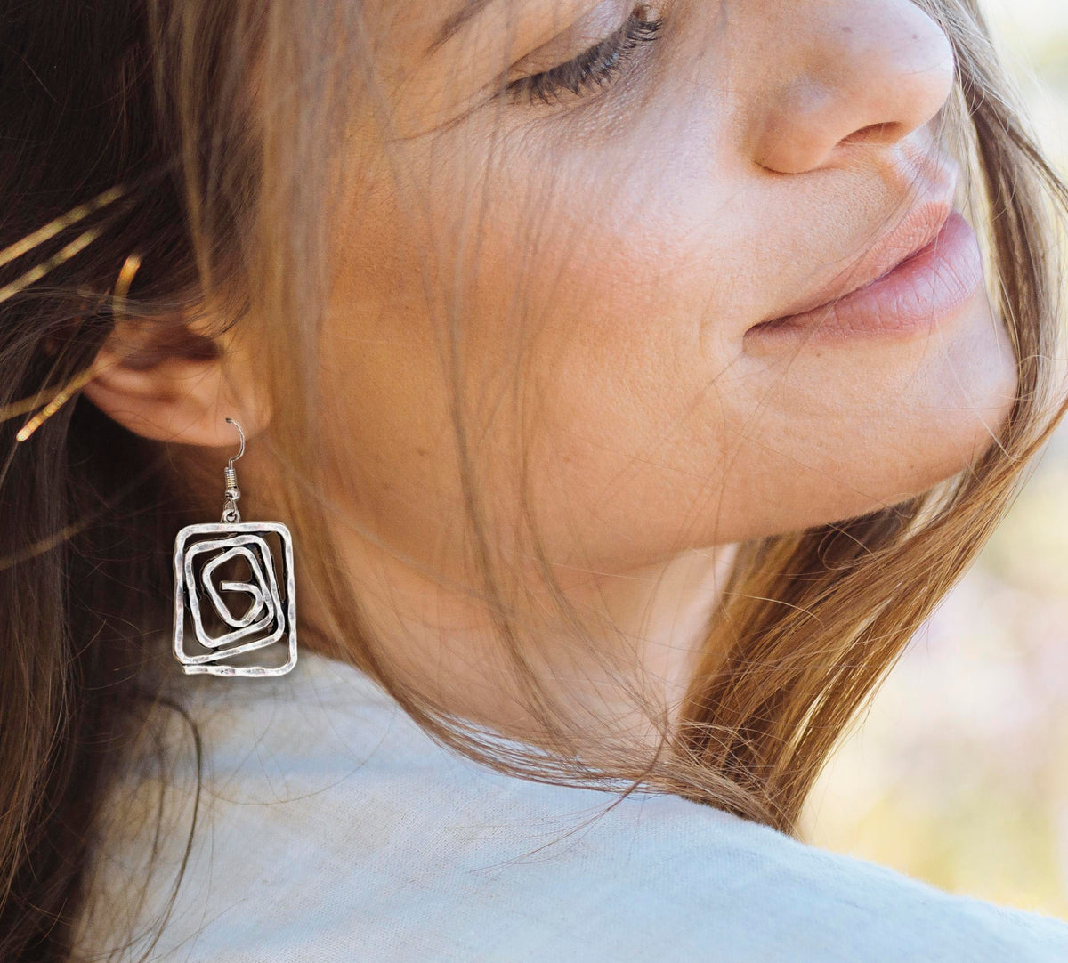 Boho Spiral Earrings Geometric Dangle Minimalist Silver Infinity Symbol Jewelry square or circle