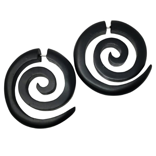 Large Spiral Wooden Earrings Brown or Black Wood Boho Tribal Statement Jewelry black or brown